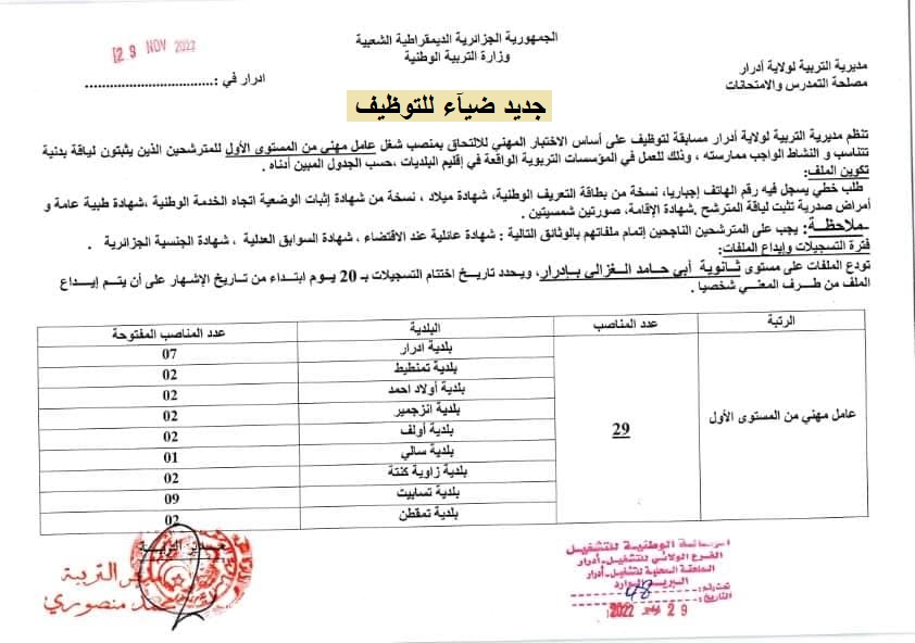 اعلان توظيف بولاية ادرار اعلان عن توظيف بمديرية التربية لولاية ادرار