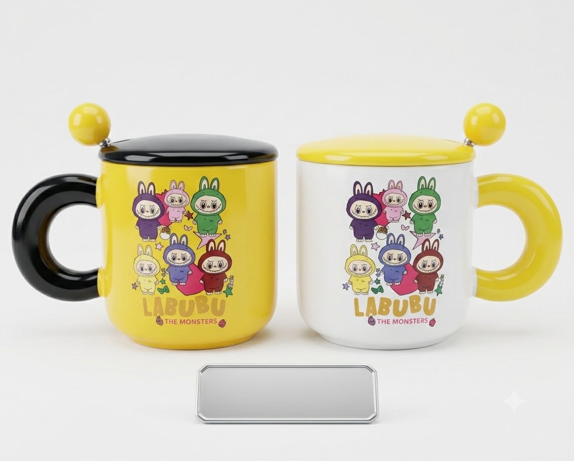 مج سيراميك Labubu مع غطاء وملعقة – Labubu Ceramic Mug Set